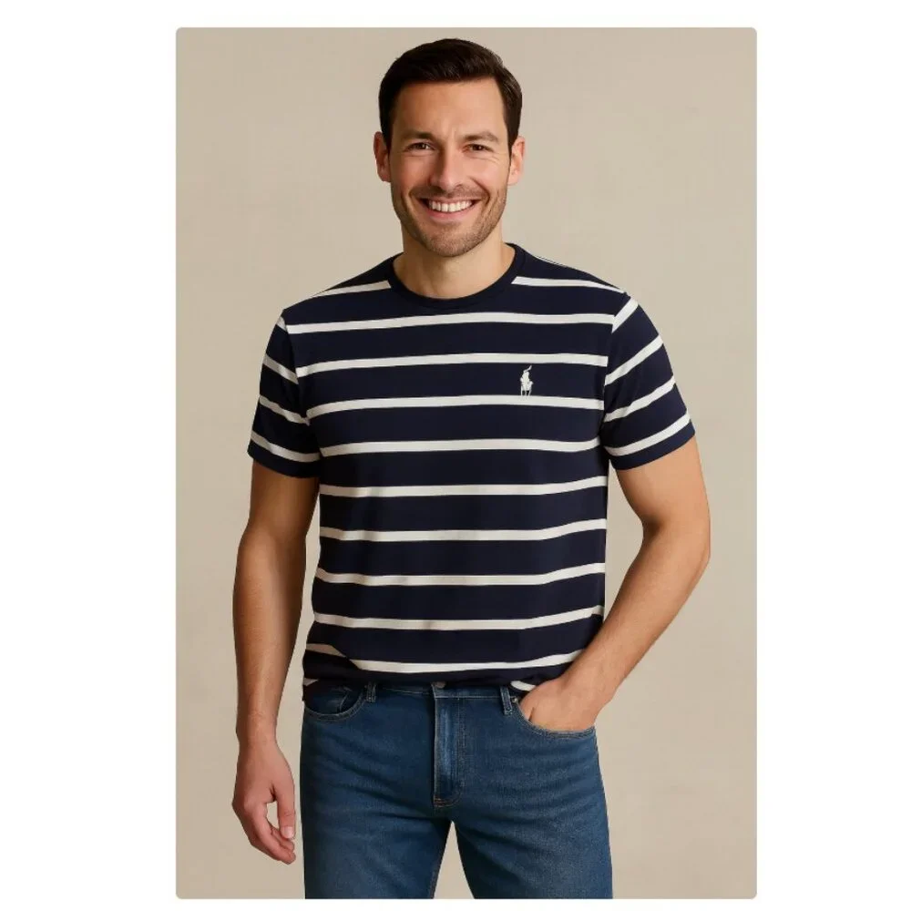 Polo Ralph Lauren Striped T Shirt USA Made‎ Olympic Men L Navy White